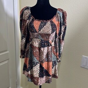 Patchwork Print Poofy Long Sleeve Women's Tunic top. Hippie. Boho. Large